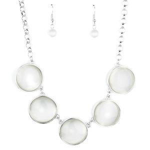 White Cat's Eye Stone Circle Pendants Necklace w/ Matching Earrings